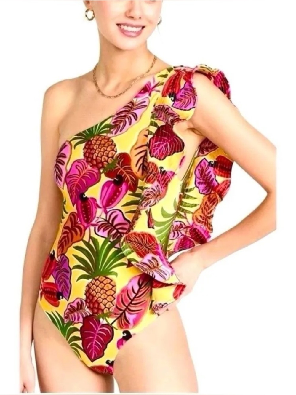 FARM Rio Yellow Ruffle One-Shoulder Pineapple Print Swimsuit 🍍 SUPERCUTE